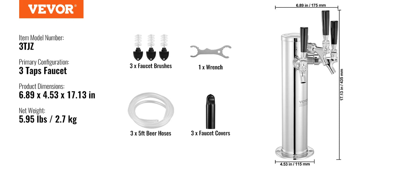 Triple Taps Draft Beer Tower Dispenser Stainless Steel Kegerator Kit