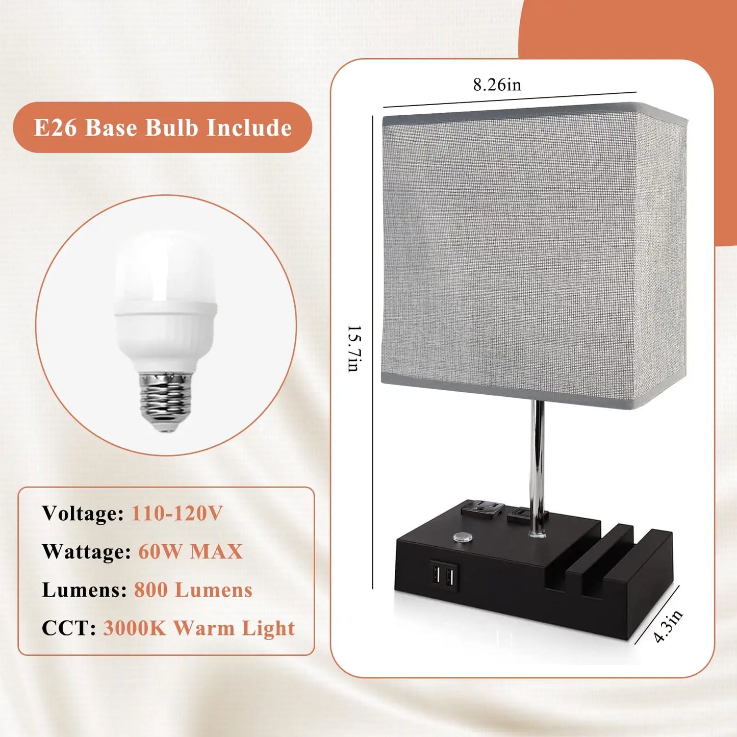 SZRSTH Bedside Lamp With Dual USB Charging Ports Dimmable