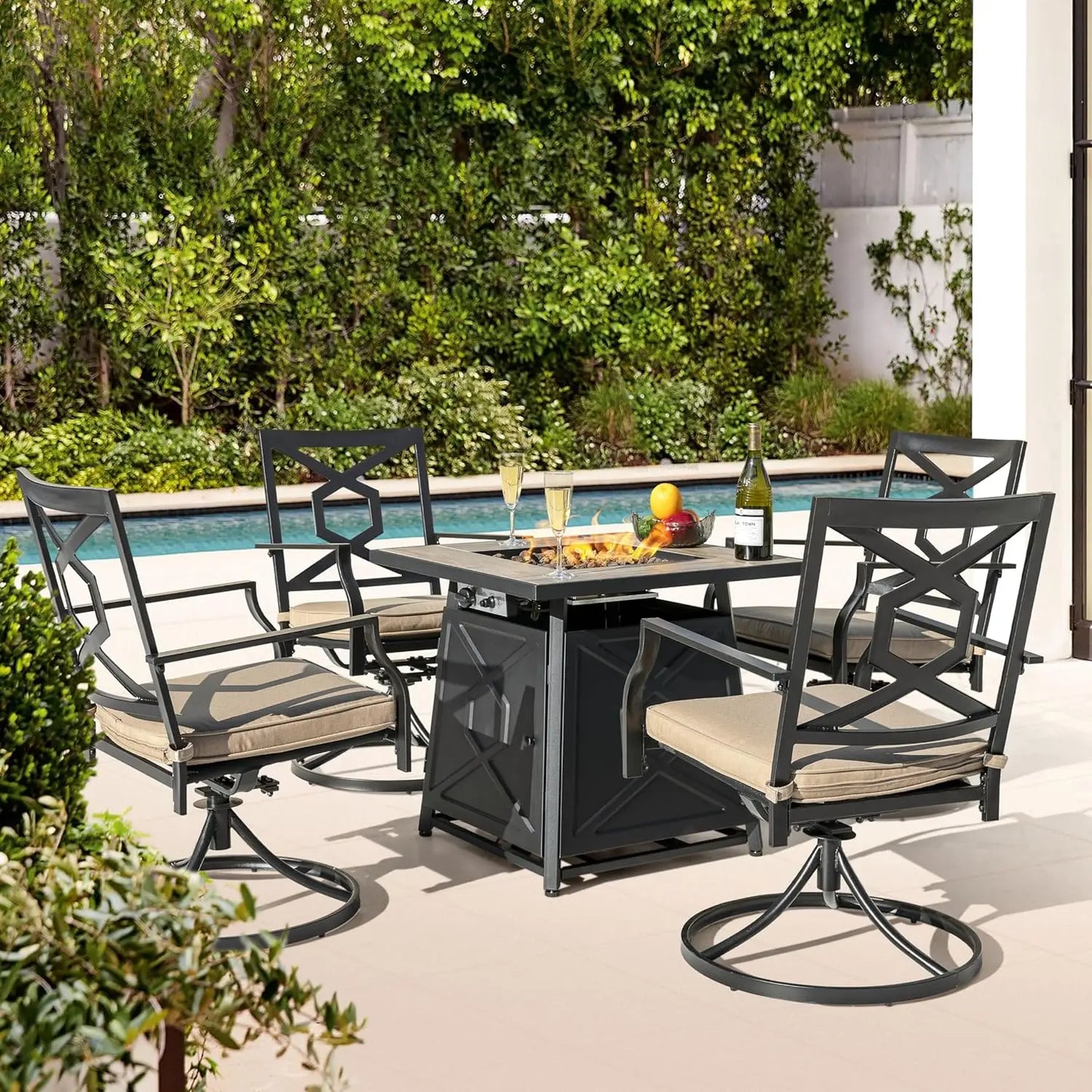 Five Piece Patio Set Fire Pit Table And Swivel Chairs