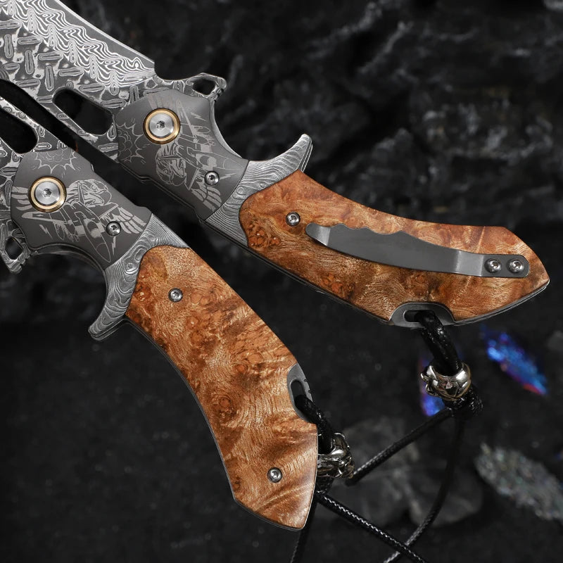 ALVELYDIY Handmade Japanese Damascus Steel Folding Pocket Knife With Sheath