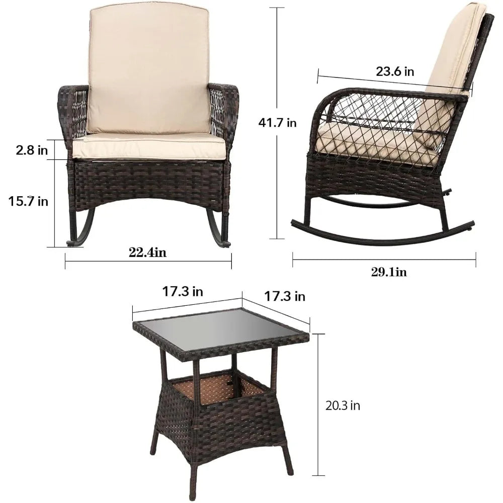 LEVELEVE Outdoor Rocking Bistro Set With Wicker Chairs And Glass Table