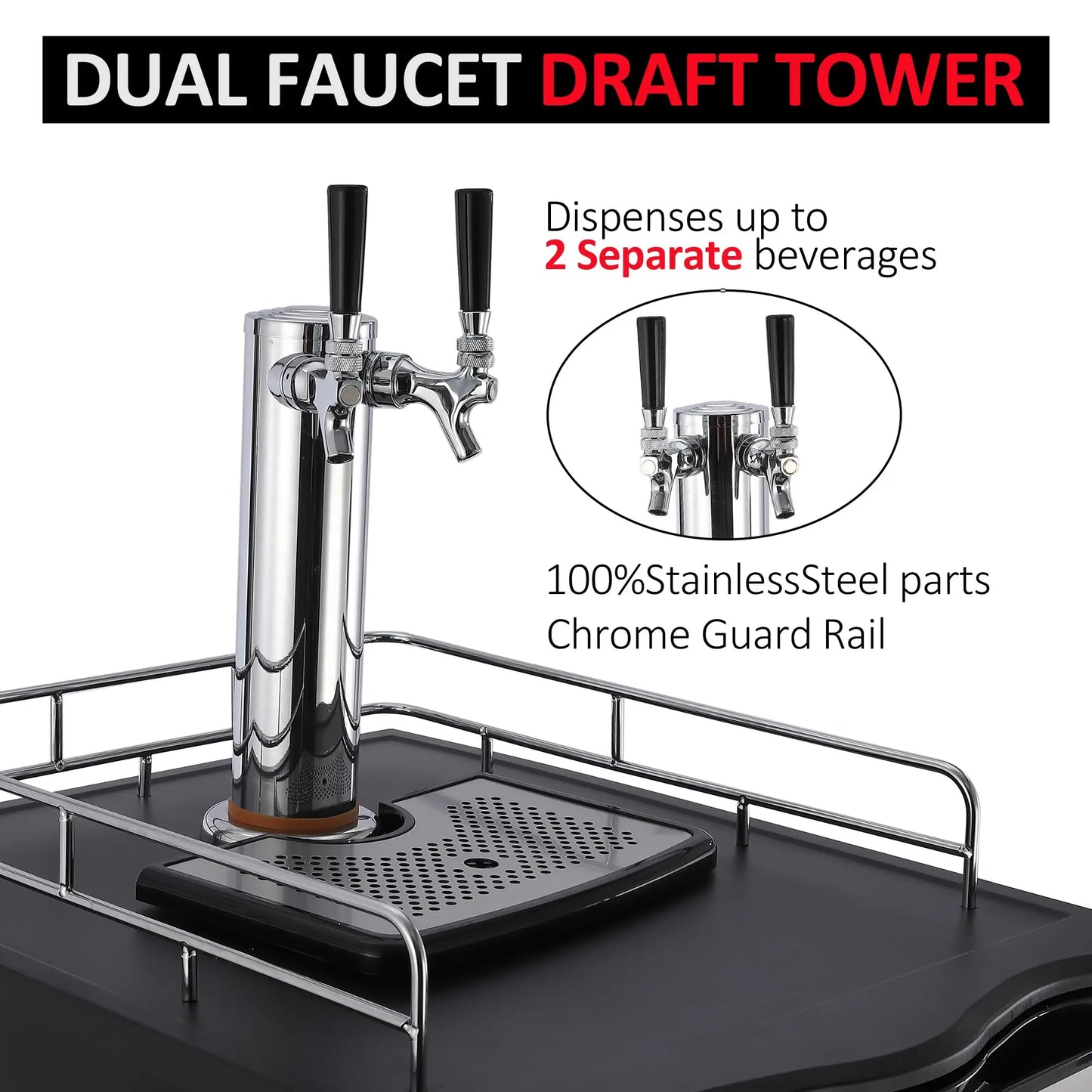 Stainless Steel Kegerator Dual Tap Beer Dispenser With Drip Tray