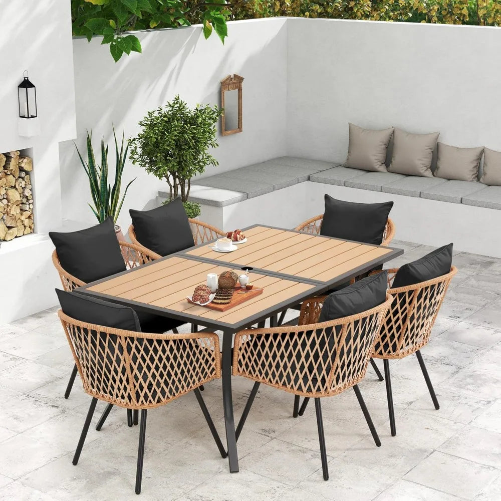 All Weather Rattan Patio Dining Set With Wood Table Top And Umbrella Hole