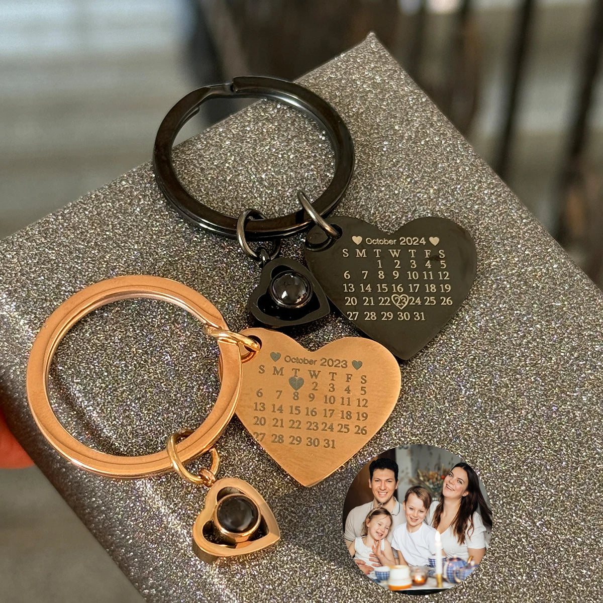 HIYONG Custom Photo Projection Keychain Heart Pendant Laser Engraved Date
