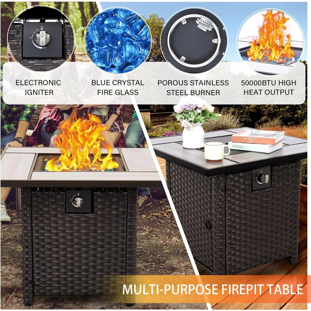 Outdoor Patio Furniture Set 7 Piece Rattan Wicker Sectional Sofa Fire Pit Table