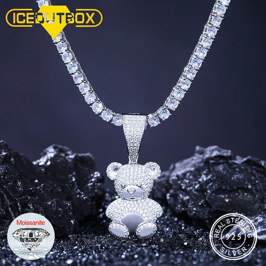 ICEOUTBOX Moissanite Bear Pendant Necklace Unisex Birthday Gift Jewelry