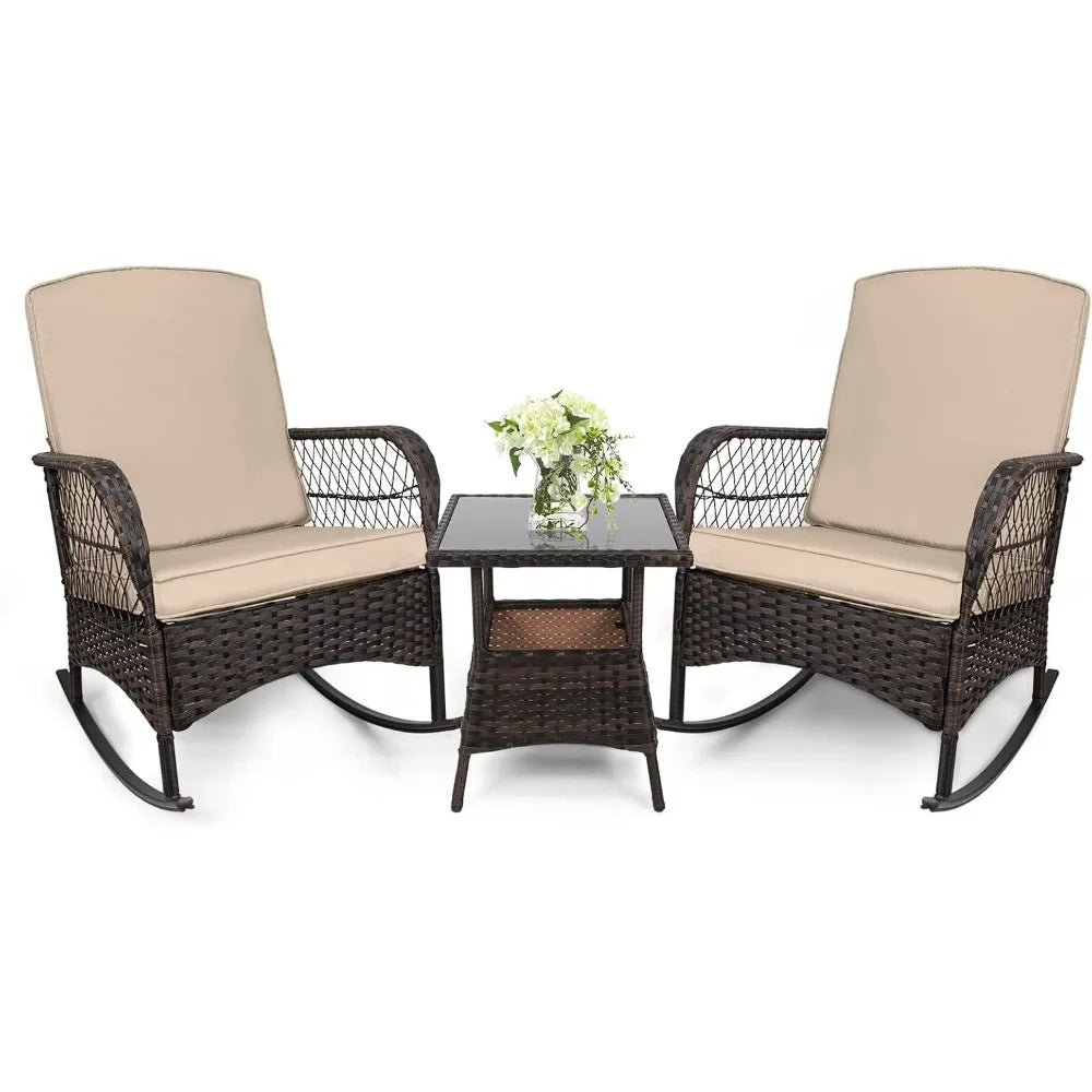 LEVELEVE Outdoor Rocking Bistro Set With Wicker Chairs And Glass Table