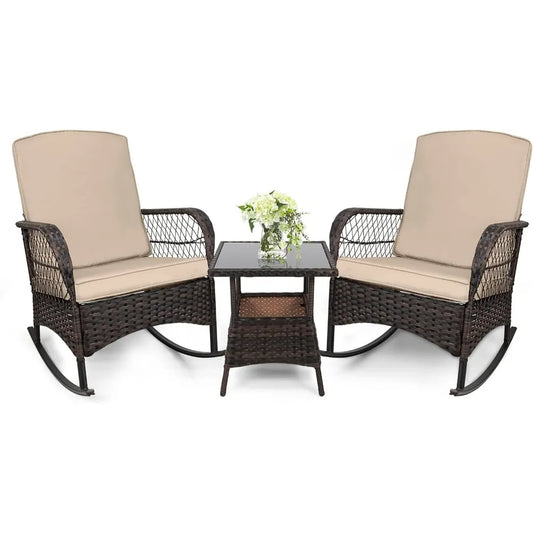 LEVELEVE Outdoor Rocking Bistro Set With Wicker Chairs And Glass Table