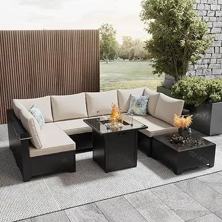 Outdoor 8 Piece Patio Furniture Set With Fire Pit Table