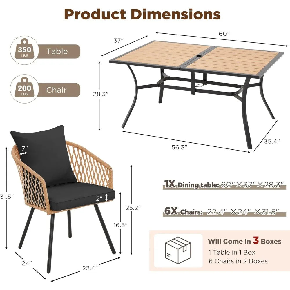 All Weather Rattan Patio Dining Set With Wood Table Top And Umbrella Hole