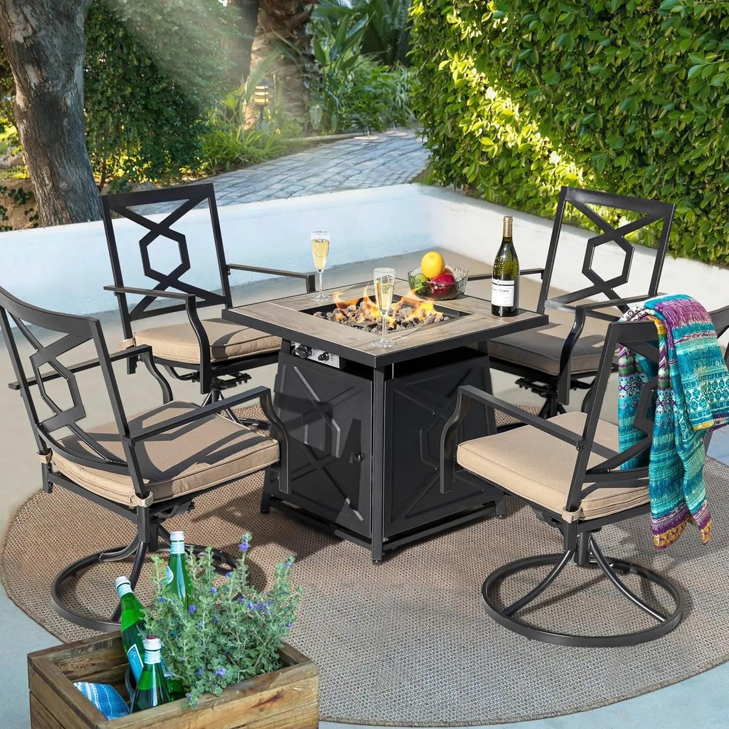 Five Piece Patio Set Fire Pit Table And Swivel Chairs