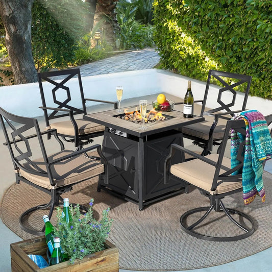 Five Piece Patio Set Fire Pit Table And Swivel Chairs