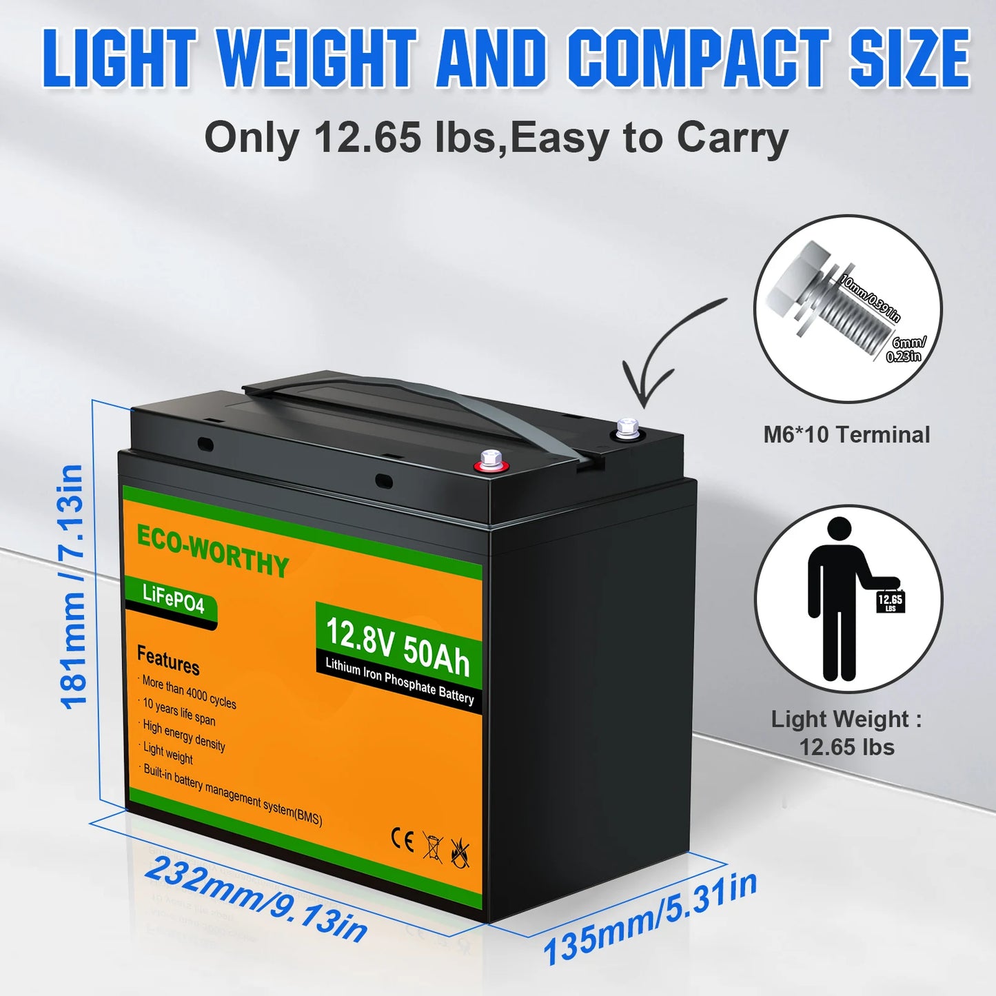 ECO-WORTHY 12V 50Ah LiFePO4 Trolling Motor Battery With BMS