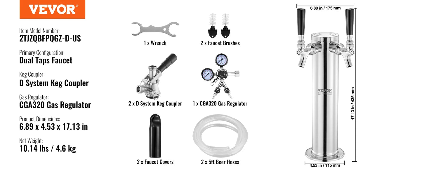Kegerator Tower Kit Single Tap Beer Conversion Stainless Steel