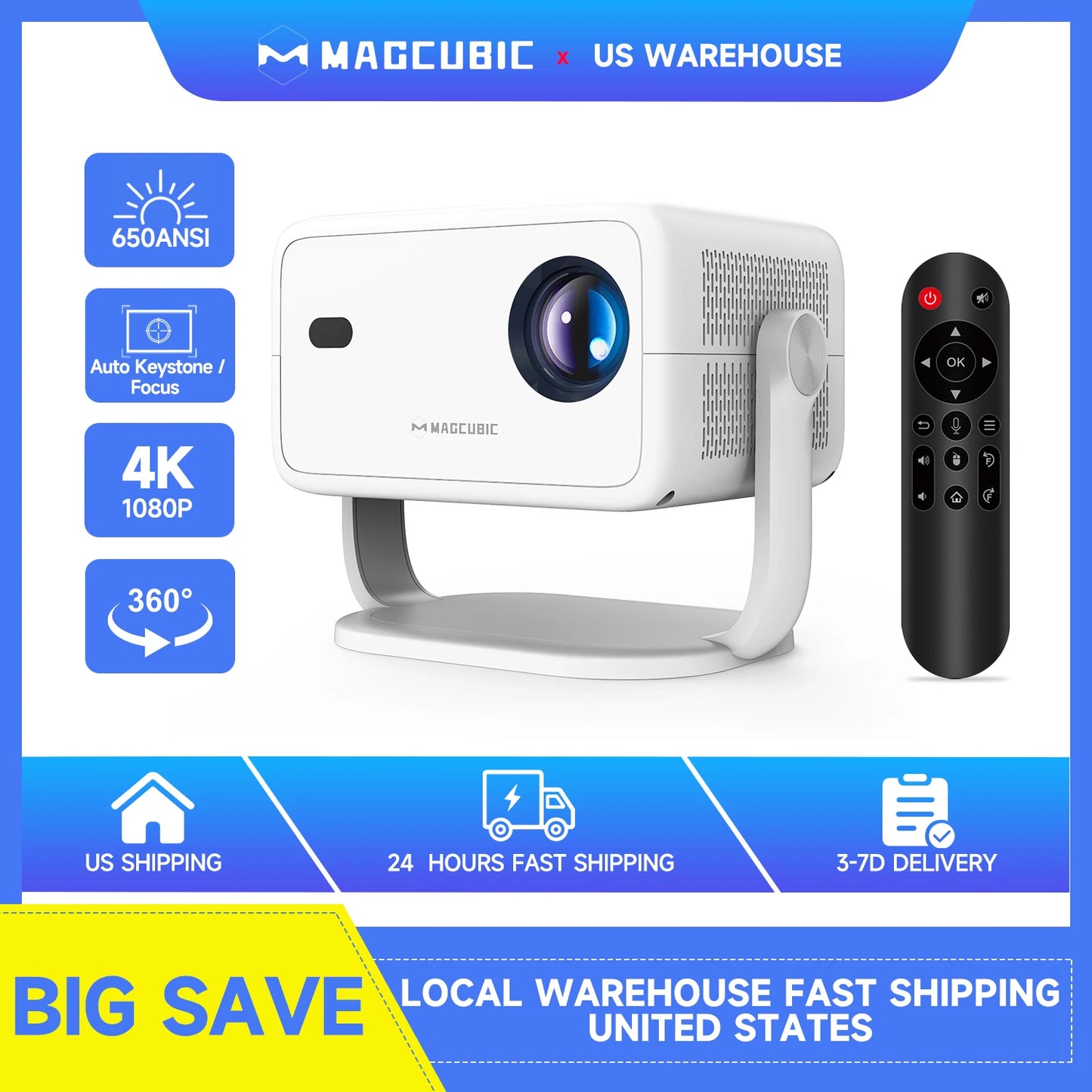 Magcubic 650 ANSI 4K Projector Auto Focus Keystone Android WiFi6