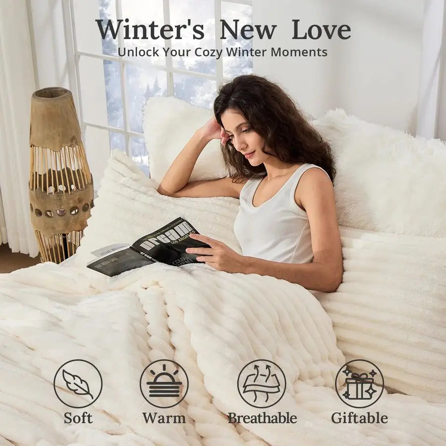 Fluffy Comforter Set 3 Piece Fleece Bedding For Winter Warmth
