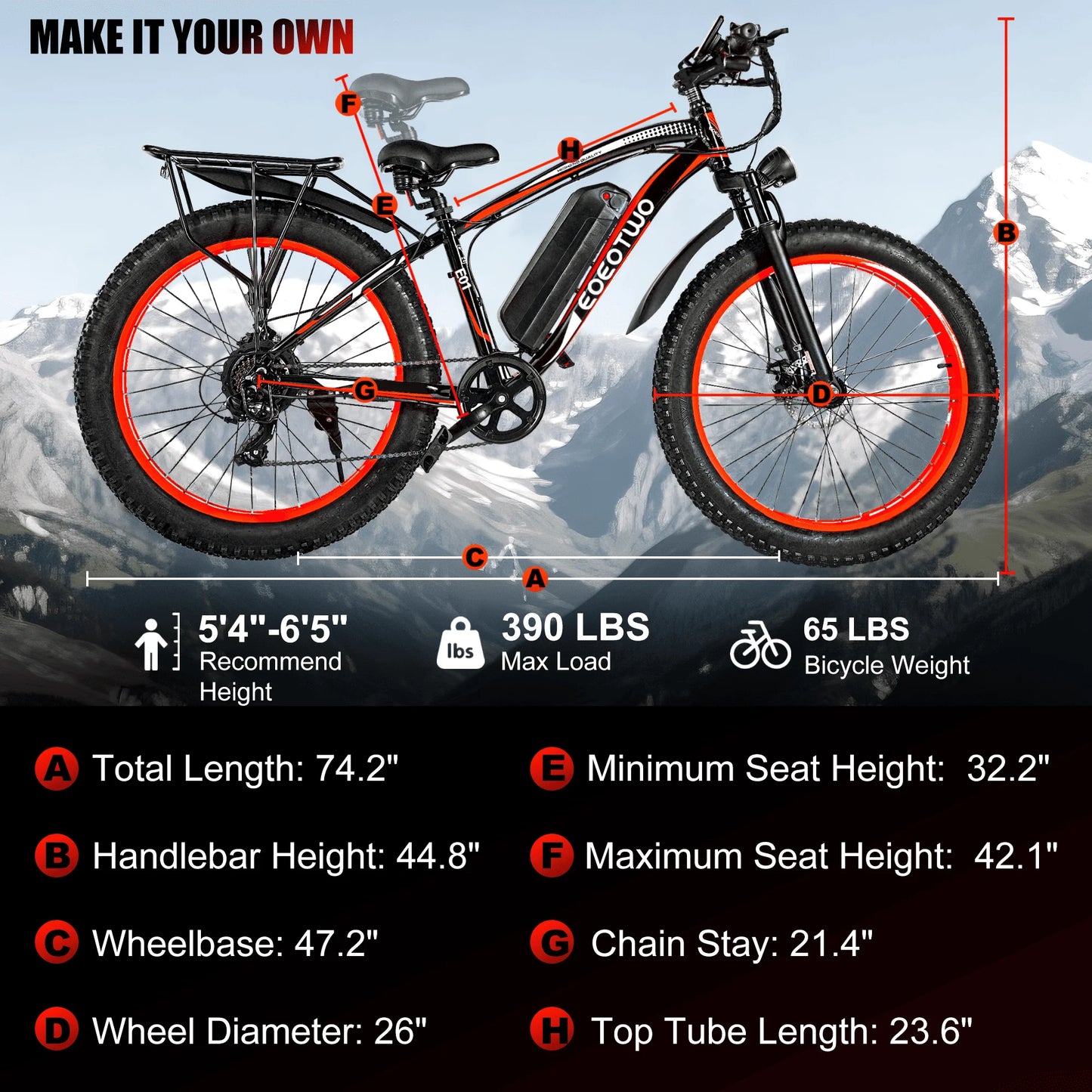 EOEOTWO E01 Electric Fat Tire Mountain Bike 1500W Peak Motor