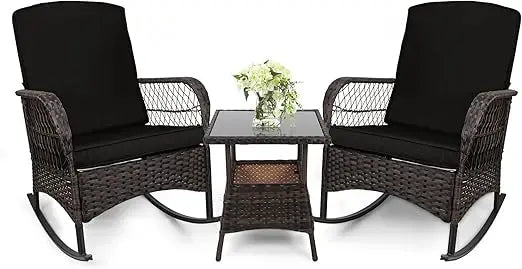 LEVELEVE Outdoor Rocking Bistro Set With Wicker Chairs And Glass Table