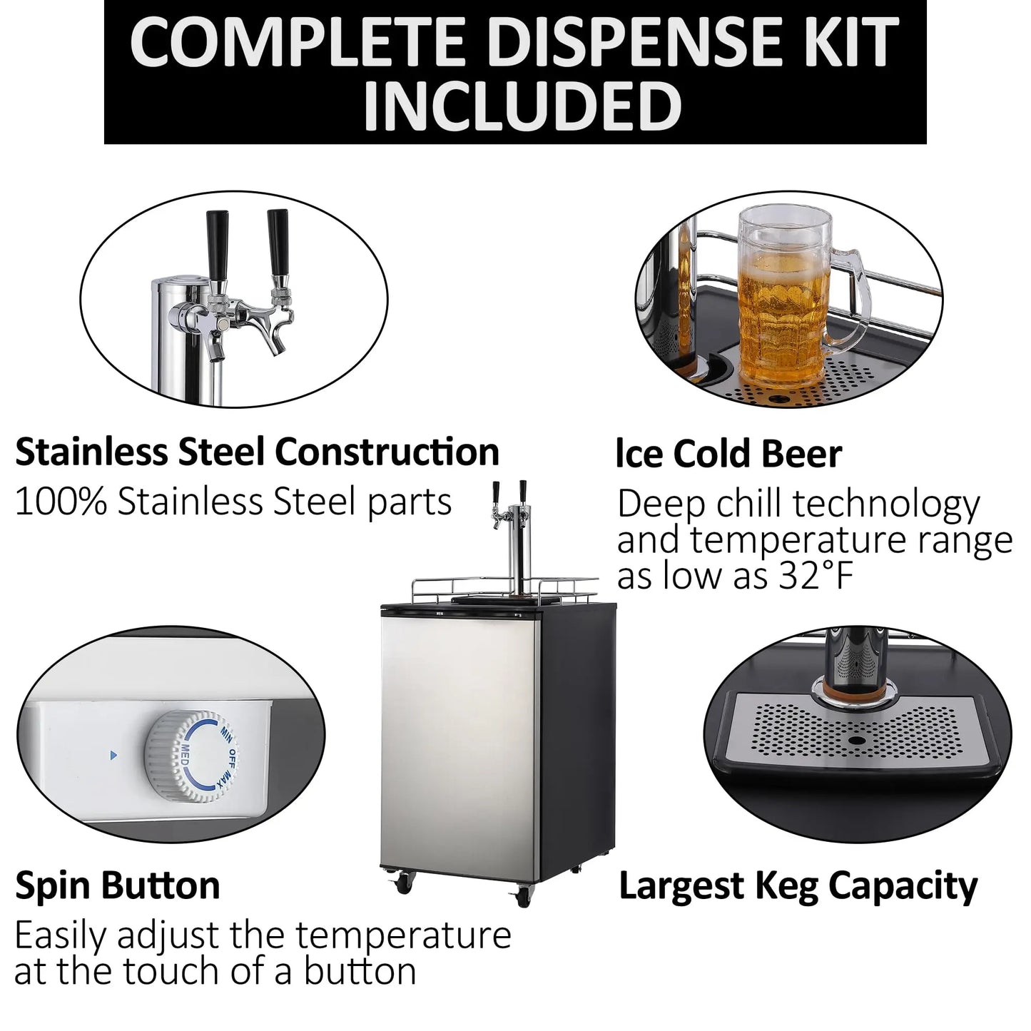 Stainless Steel Kegerator Dual Tap Beer Dispenser With Drip Tray