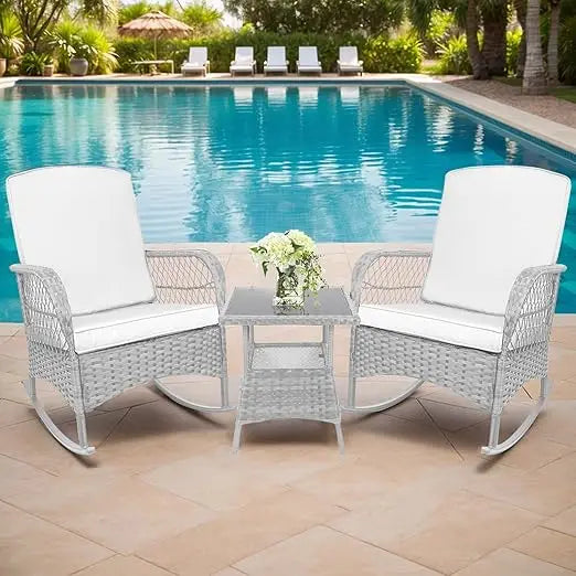 LEVELEVE Outdoor Rocking Bistro Set With Wicker Chairs And Glass Table