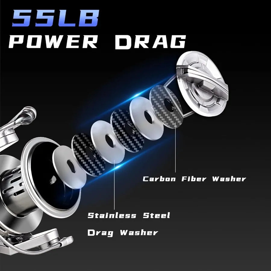 Spinning Reel Surf Fishing Aluminum Frame Carbon Fiber Drag 55Lb
