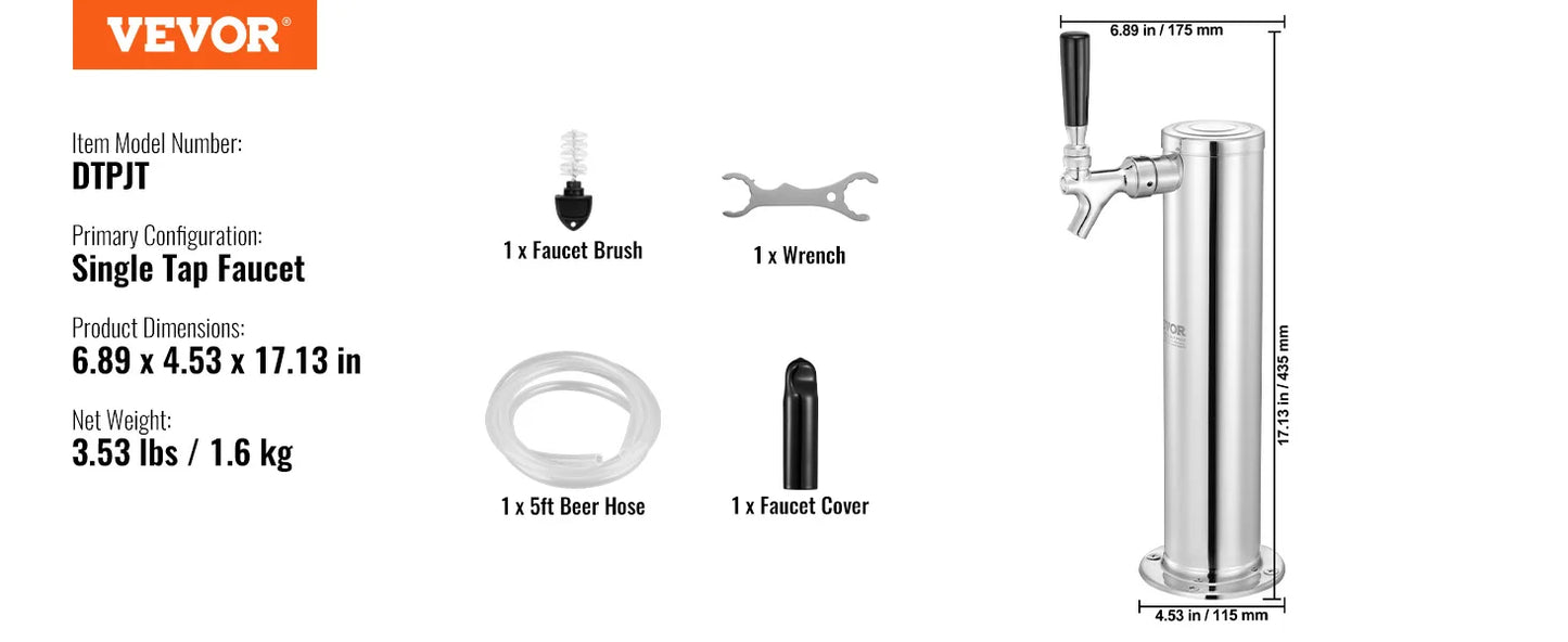 Triple Taps Draft Beer Tower Dispenser Stainless Steel Kegerator Kit