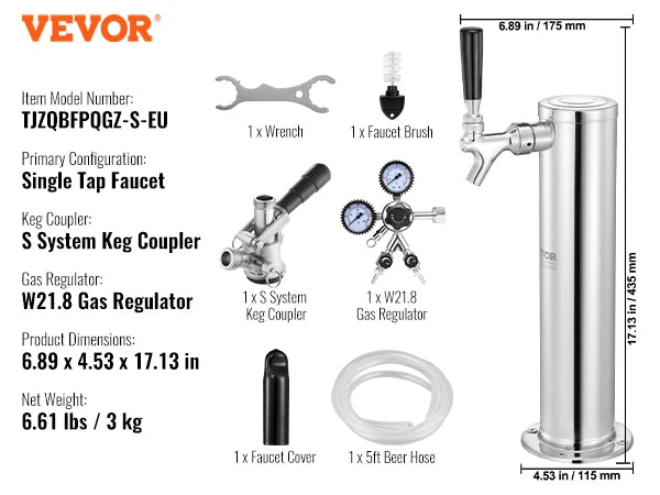 Kegerator Tower Kit Single Tap Beer Conversion Stainless Steel