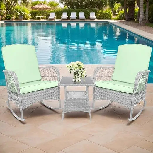 LEVELEVE Outdoor Rocking Bistro Set With Wicker Chairs And Glass Table