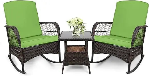 LEVELEVE Outdoor Rocking Bistro Set With Wicker Chairs And Glass Table