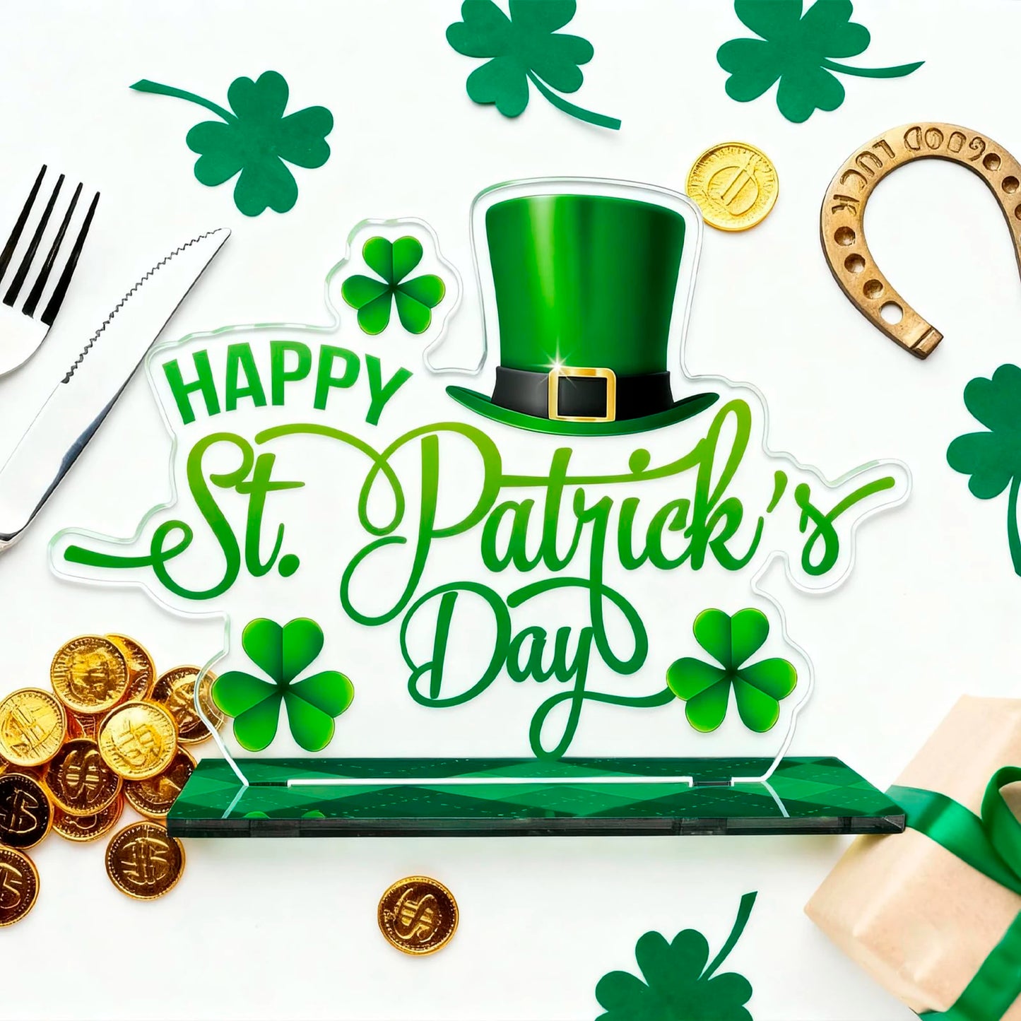 St Patrick's Day Table Decorations Set Shamrock Sign Leprechaun Hat
