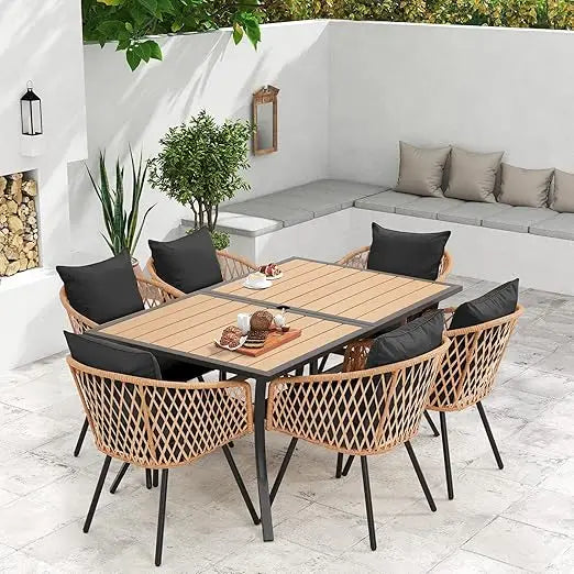 All Weather Rattan Patio Dining Set With Wood Table Top And Umbrella Hole