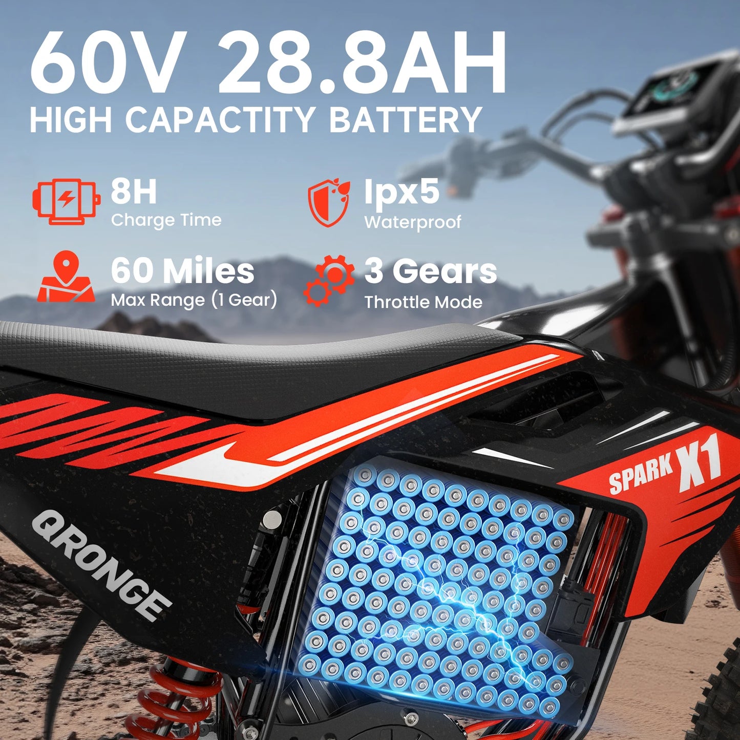 QRONGE X1 Spark Electric Dirt Bike 4500W Peak 60V Battery