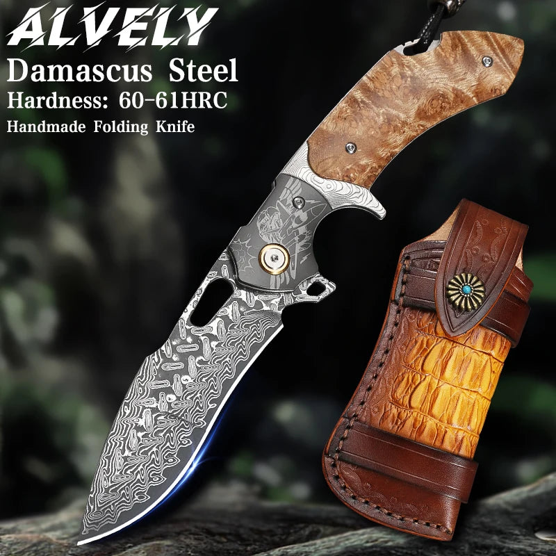 ALVELYDIY Handmade Japanese Damascus Steel Folding Pocket Knife With Sheath