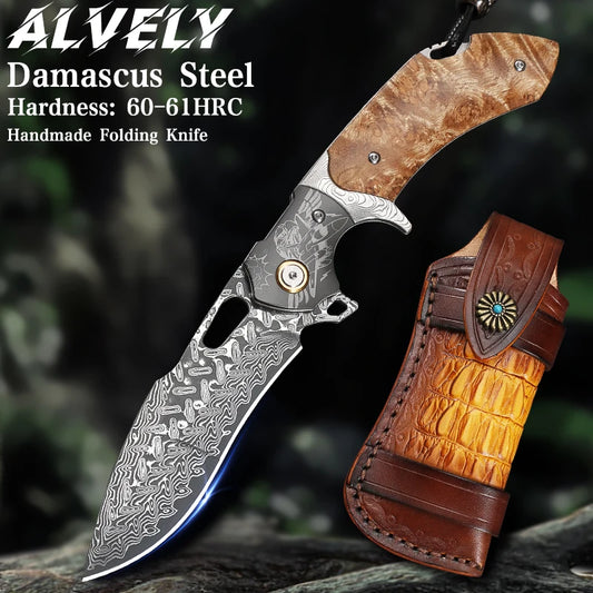 ALVELYDIY Handmade Japanese Damascus Steel Folding Pocket Knife With Sheath