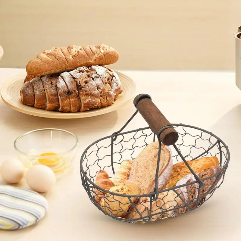 Egg Collecting Basket With Wooden Handle Farmhouse Decor