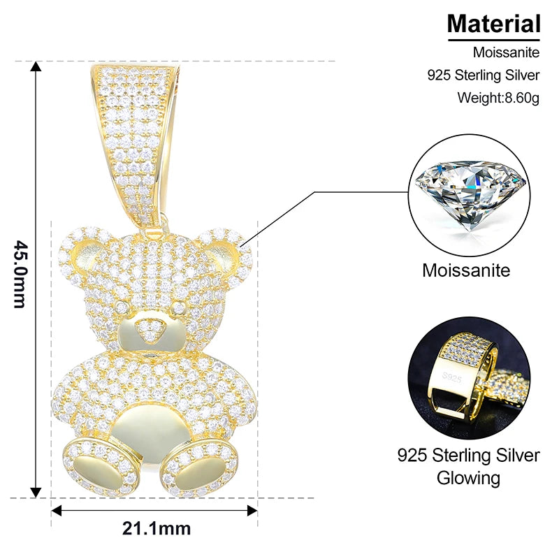 ICEOUTBOX Moissanite Bear Pendant Necklace Unisex Birthday Gift Jewelry