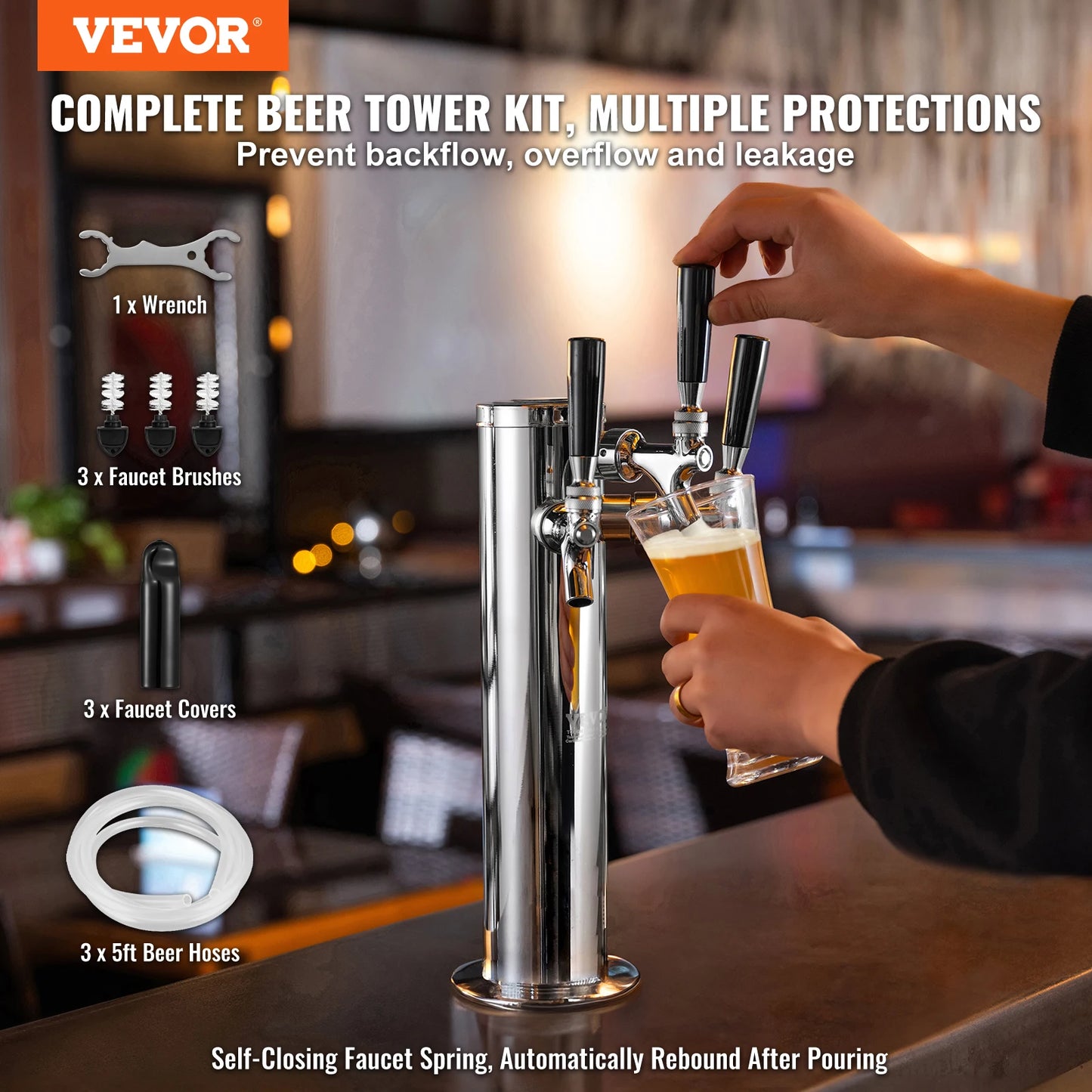 Triple Taps Draft Beer Tower Dispenser Stainless Steel Kegerator Kit