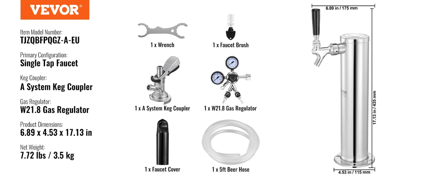 Kegerator Tower Kit Single Tap Beer Conversion Stainless Steel