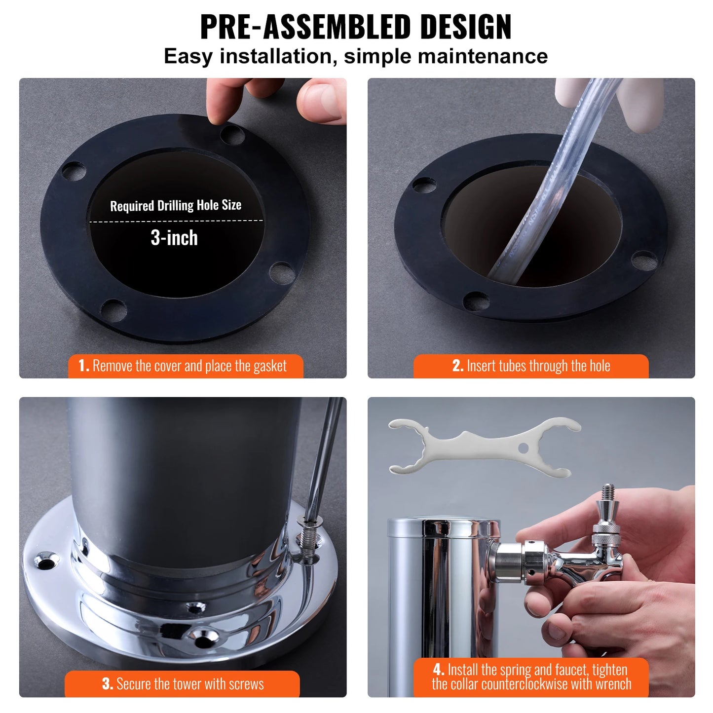 Triple Taps Draft Beer Tower Dispenser Stainless Steel Kegerator Kit