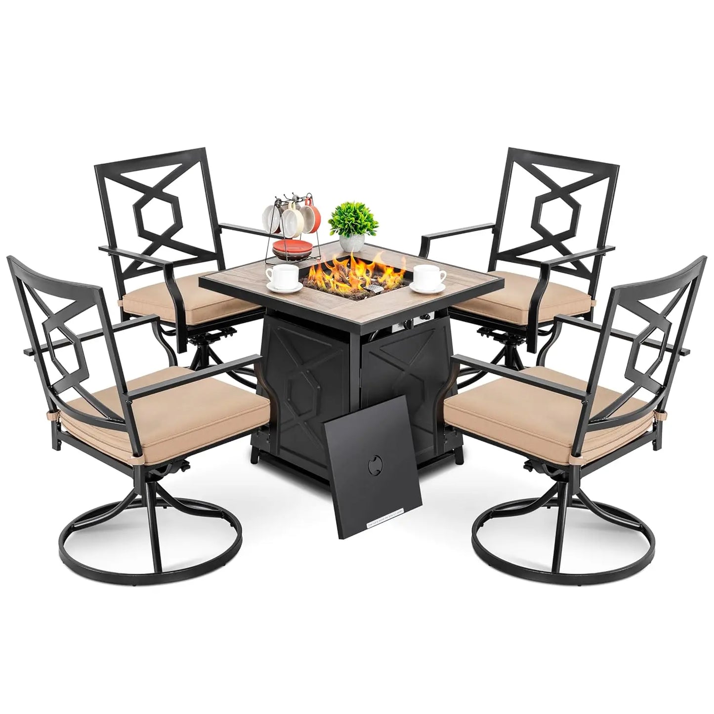 Five Piece Patio Set Fire Pit Table And Swivel Chairs