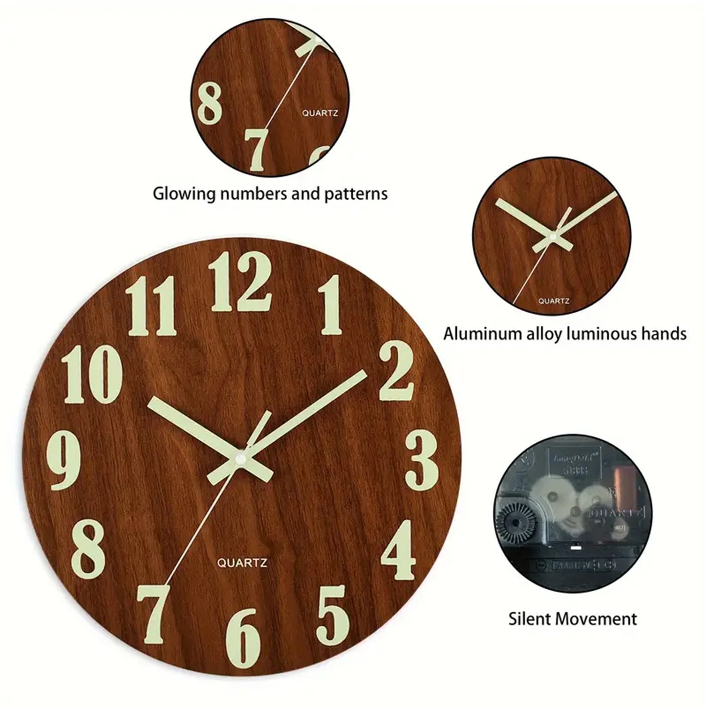 Combination Glow In The Dark Wooden Wall Clock Luminous