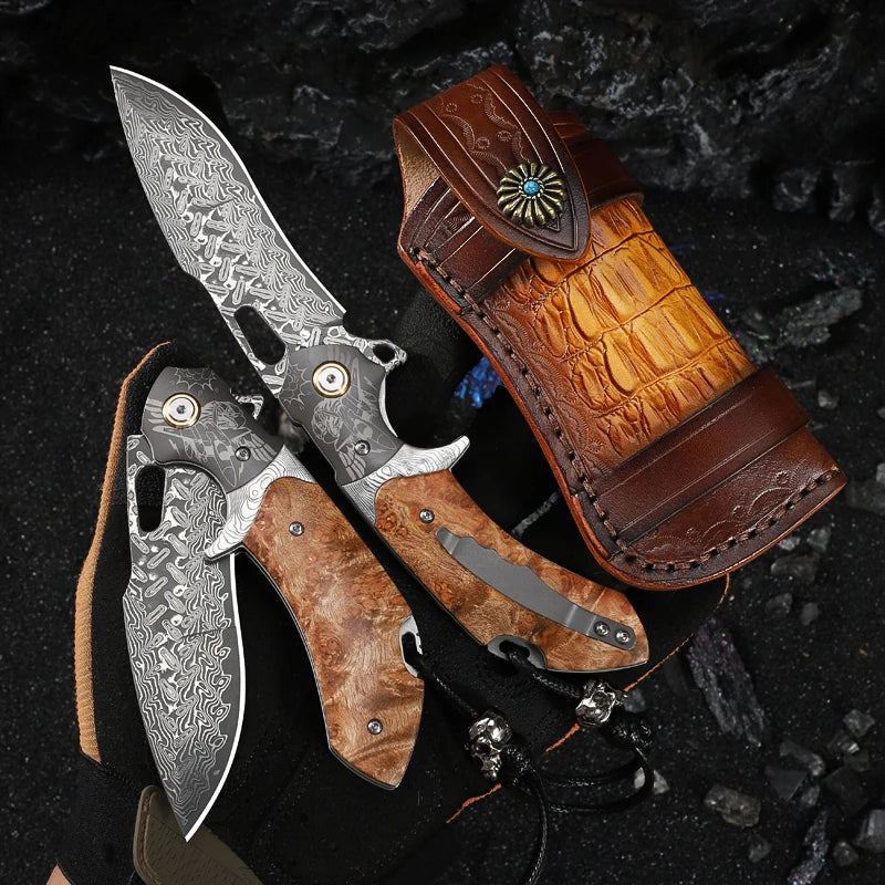 ALVELYDIY Handmade Japanese Damascus Steel Folding Pocket Knife With Sheath
