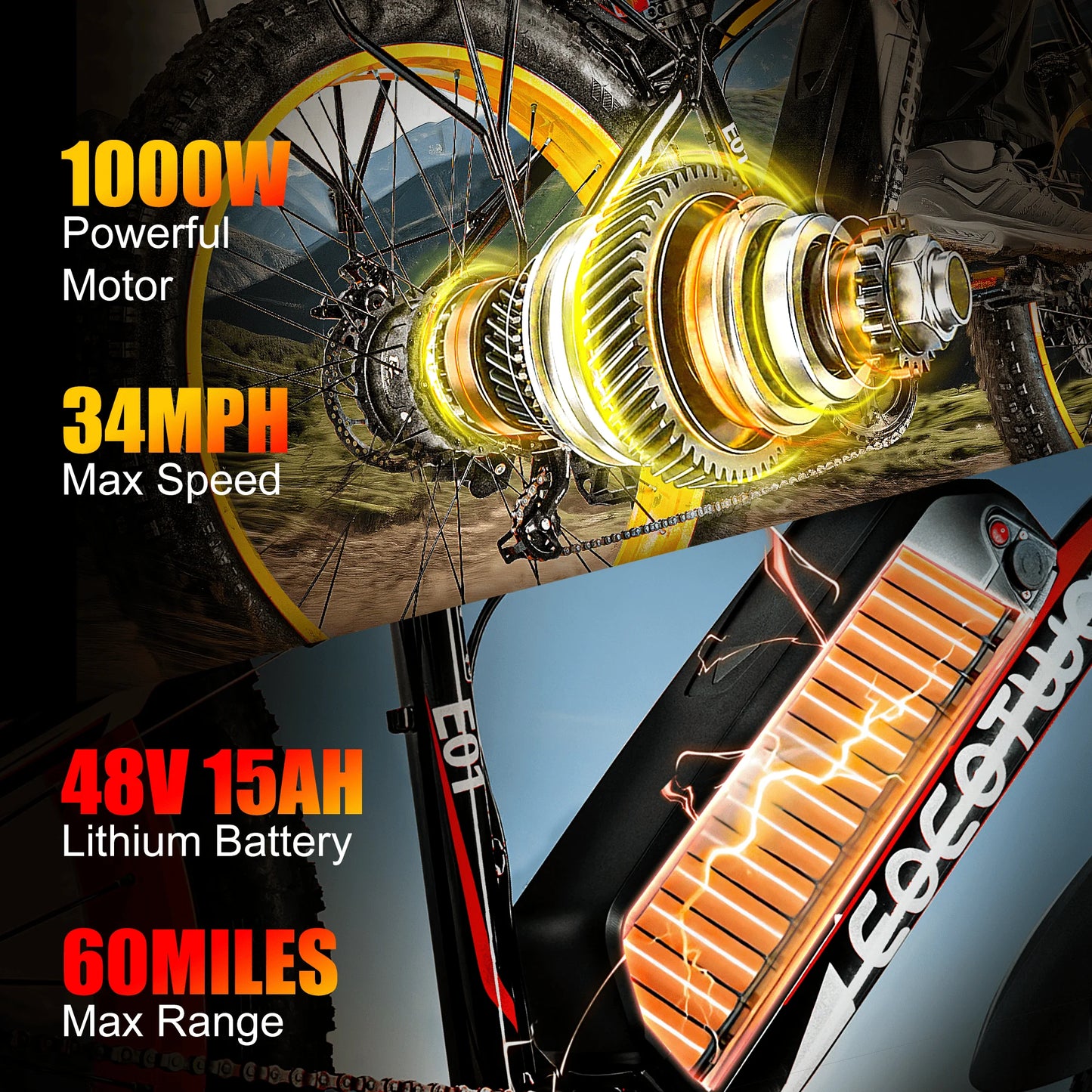 EOEOTWO E01 Electric Fat Tire Mountain Bike 1500W Peak Motor