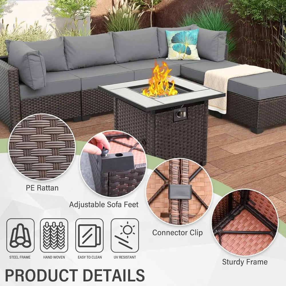 Outdoor Patio Furniture Set 7 Piece Rattan Wicker Sectional Sofa Fire Pit Table