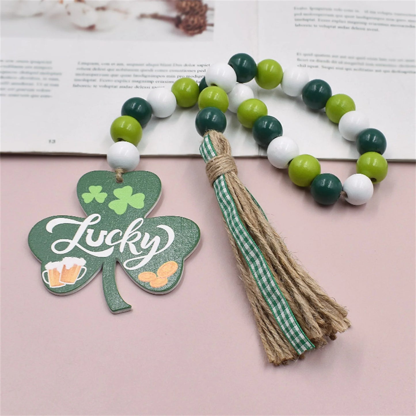 St Patrick Day Shamrock Beads Garland Festive Tassel String Decoration