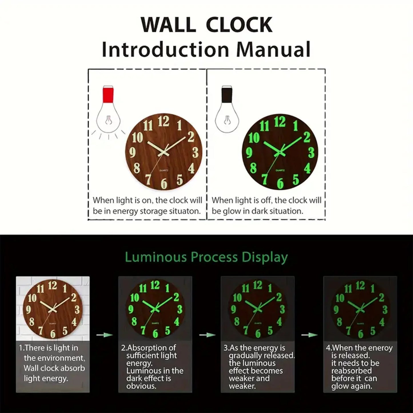 Combination Glow In The Dark Wooden Wall Clock Luminous