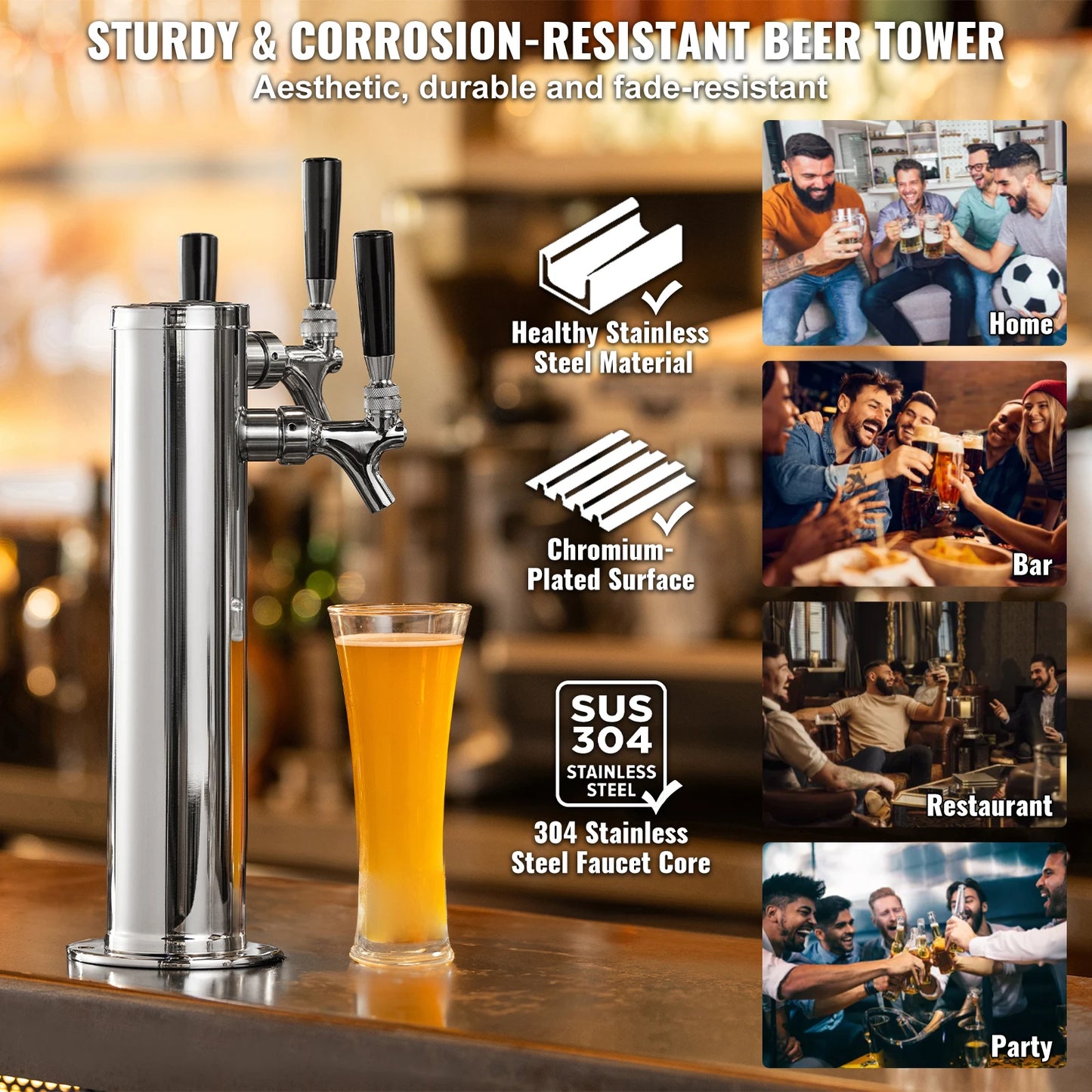 Triple Taps Draft Beer Tower Dispenser Stainless Steel Kegerator Kit