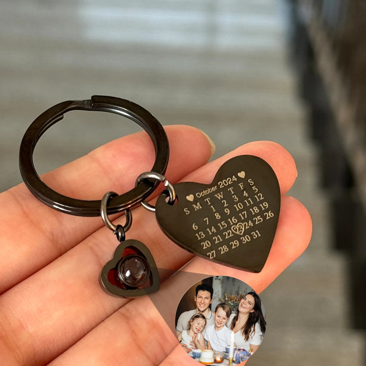 HIYONG Custom Photo Projection Keychain Heart Pendant Laser Engraved Date