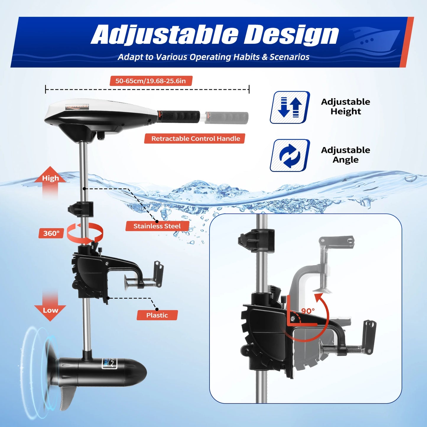 65Lb Thrust Saltwater Electric Outboard Motor Telescopic Shaft 5 Forward