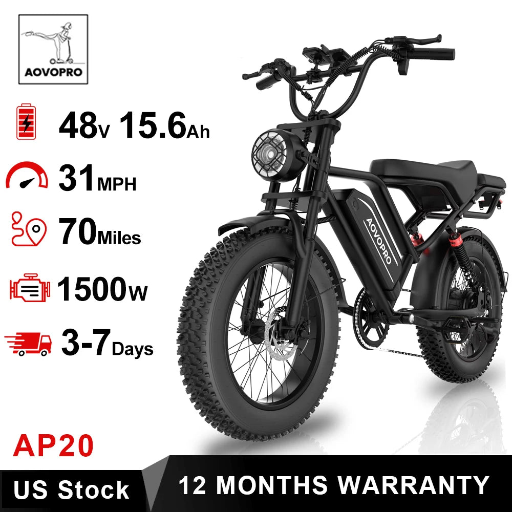 AOVOPRO AP20 Electric Bike 1500W Fat Tire Beast Top Speed